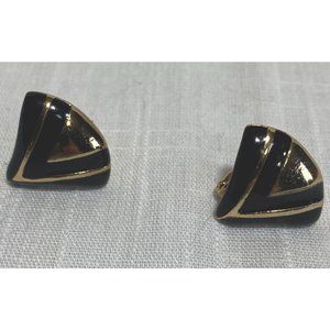 Vintage AVON Black Enamel Gold Tone Overlay Clip-on Earrings Fan